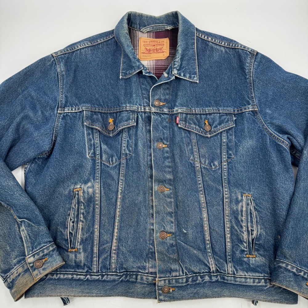 Vintage 80's‎ Levi Strauss & Co Mens Denim Trucker Jacket Plaid Blanket Lined 46